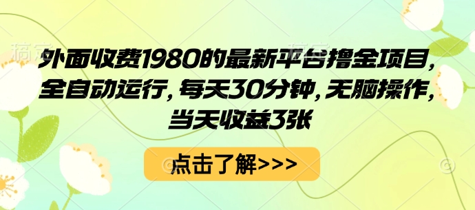 外面收费1980的最新平台撸金项目，全自动运行，每天30分钟，无脑操作，当天收益3张