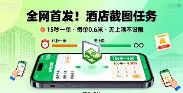 全网首发！酒店截图任务，15秒一单，每单0.6米，任务无上限不设限，矩阵操作单日3张到手