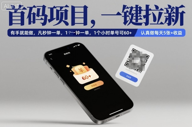 首码项目，一键拉新，有手就能做，几秒钟一单，1个小时单号可60+，认真做每天5张+收益