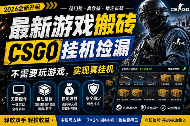 （18182期）最新游戏搬砖，CSGO纯挂机，不需要玩游戏，实现真挂机，月入1W+，五一小高峰上车可吃肉，…