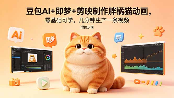（18431期）豆包AI+即梦+剪映制作胖橘猫动画，零基础可学，几分钟生产一条视频，附提示词