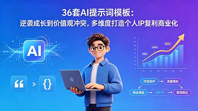 (18630期)36套AI提示词模板:逆袭成长到价值观冲突,多维度打造个人IP复利商业化