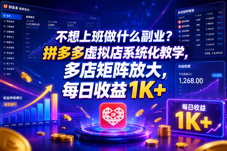 不想上班做什么副业？拼多多虚拟店系统化教学，多店矩阵放大，每日收益1K+