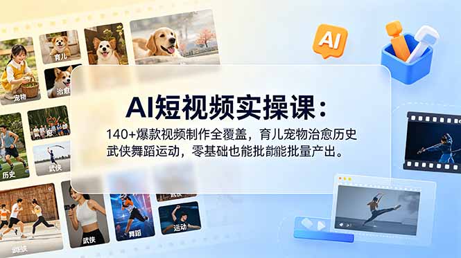 (18781期)AI短视频实操课:140+爆款视频制作全覆盖,育儿宠物治愈历史武侠舞蹈运动,零基础也能批量产出
