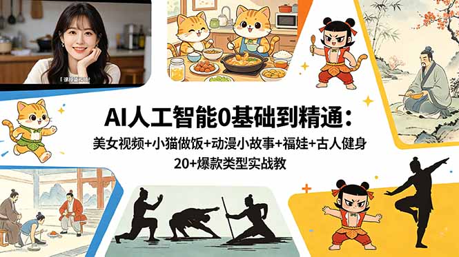 (18685期)AI人工智能0基础到精通:美女视频+小猫做饭+动漫小故事+福娃+古人健身,20+爆款类型实战教学