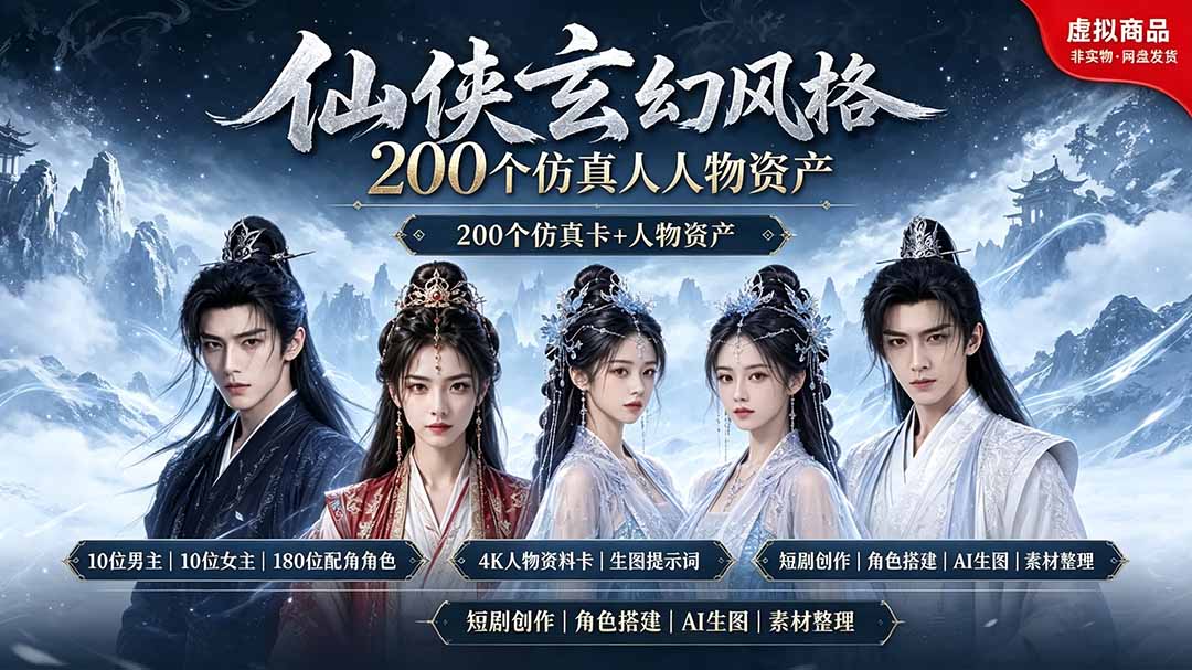 (19301期)200个仙侠玄幻仿真人素材◆10男主×10女主×180配角,4K资料卡+AI生图提示词,漫剧必备