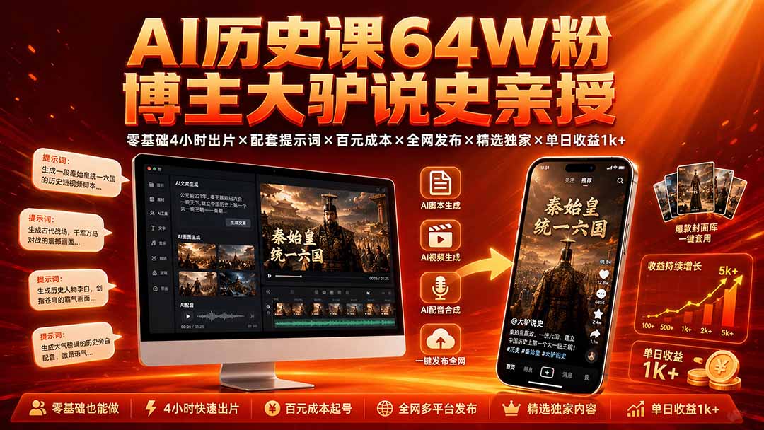 （19557期）AI历史课64W粉博主大驴说史亲授：零基础4小时出片×配套提示词×百元成本×全网发布×精选独家×单日收益1k+