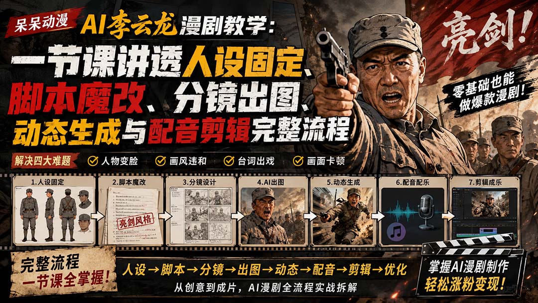 (20107期)呆呆动漫AI李云龙漫剧教学:一节课讲透人设固定、脚本魔改、分镜出图、动态生成与配音剪辑完整流程