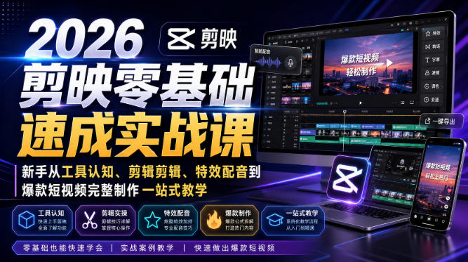 2026剪映零基础速成实战课｜新手从工具认知、剪辑剪辑、特效配音到爆款短视频完整制作一站式教学
