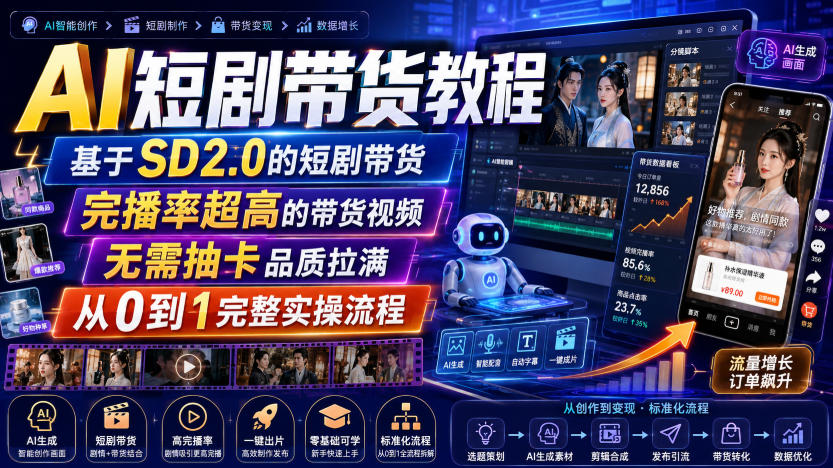 AI短剧带货教程，基于SD2.0的短剧带货，完播率超高的带货视频，无需抽卡品质拉满，从0到1完整实操流程