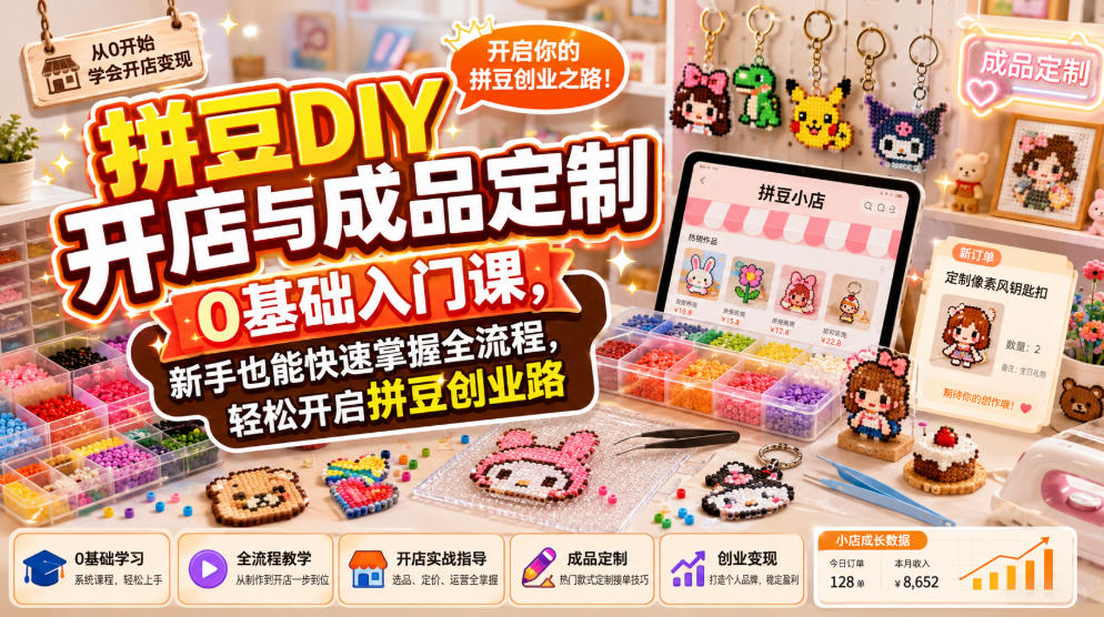 拼豆DIY开店与成品定制0基础入门课，新手也能快速掌握全流程，轻松开启拼豆创业路