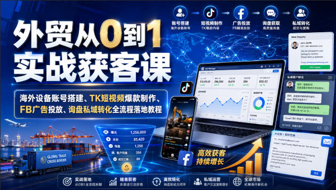 外贸从0到1实战获客课｜海外设备账号搭建、TK短视频爆款制作、FB广告投放、询盘私域转化全流程落地教程