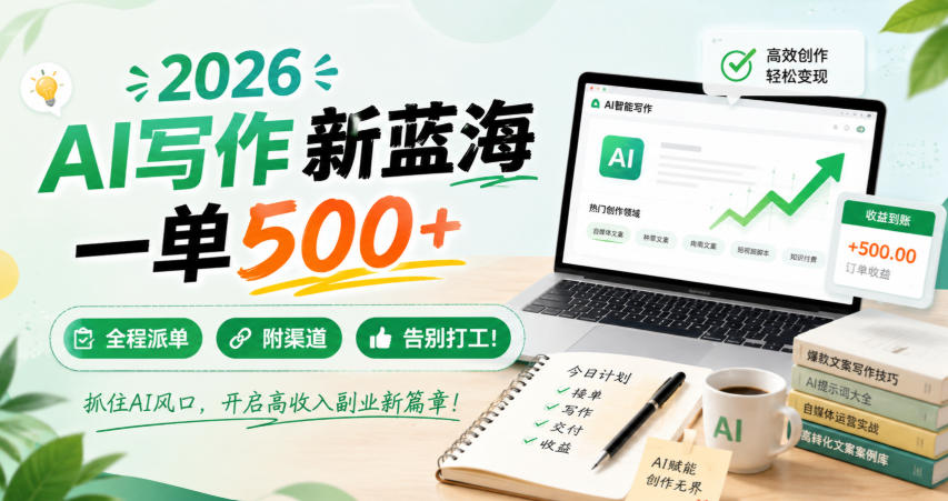 2026 AI写作新蓝海，一单500+，全程派单，附渠道，告别打工！