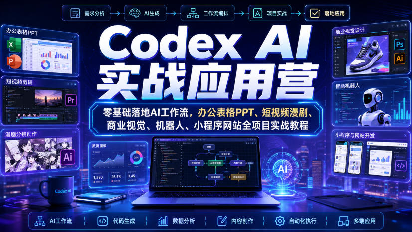 Codex AI实战应用营|零基础落地AI工作流,办公表格PPT、短视频漫剧、商业视觉、机器人、小程序网站全项目实战教程