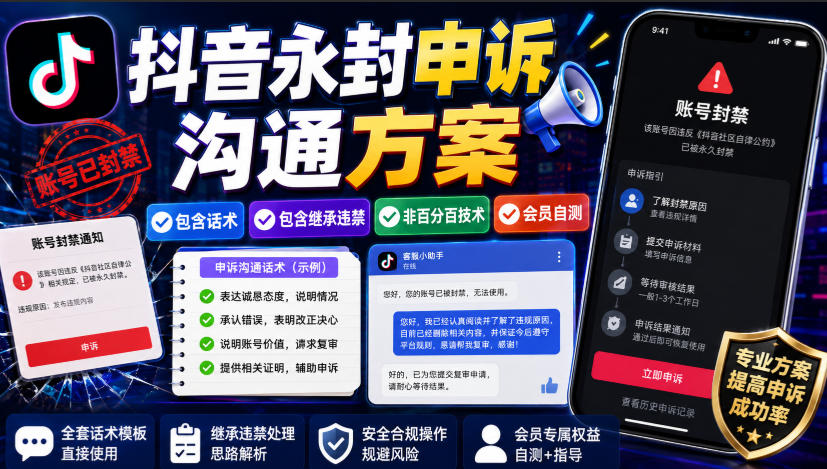 抖音永封申诉沟通方案，包含话术，包含继承违禁，非百分百技术，会员自测