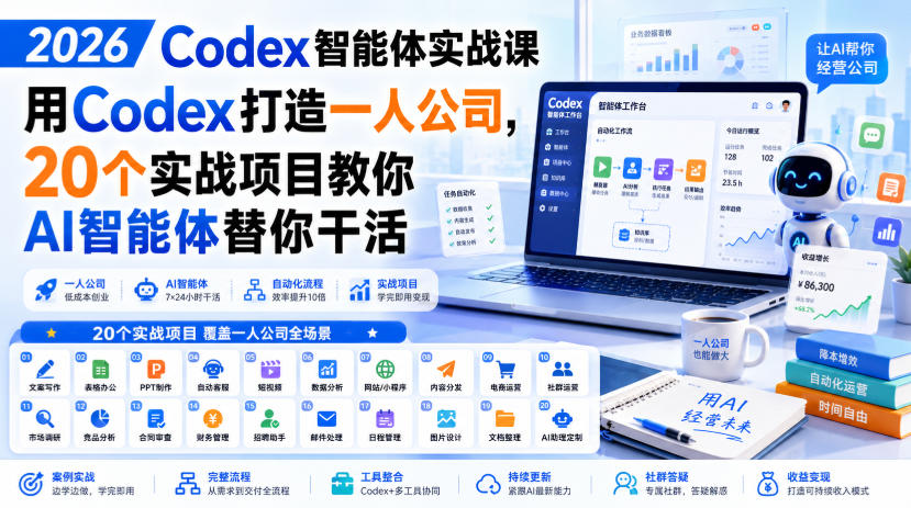 2026 Codex智能体实战课,用Codex打造一人公司,20个实战项目教你AI智能体替你干活