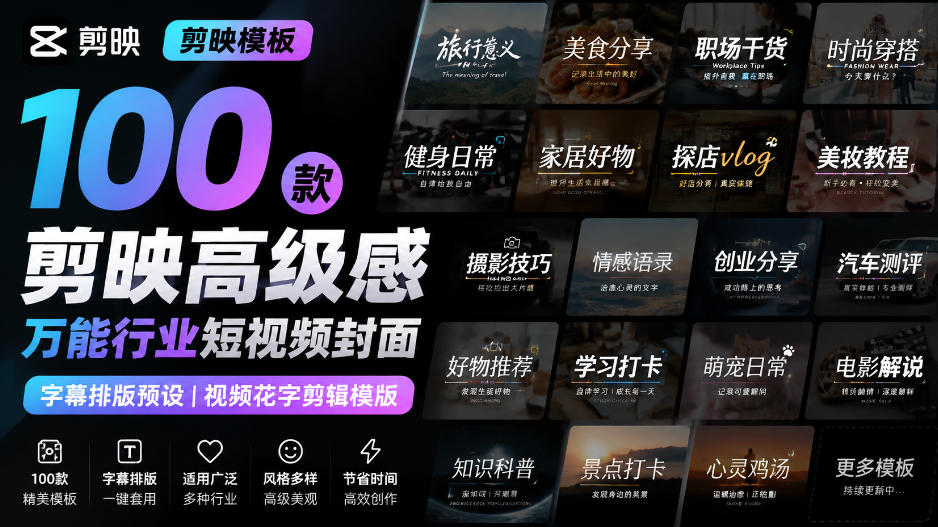 【剪映模板】100款剪映高级感万能行业短视频封面字幕排版预设视频花字剪辑模版