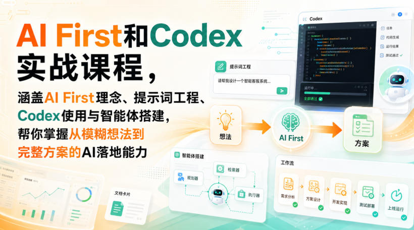 AI First和Codex实战课,涵盖AI First理念、提示词工程、Codex使用与智能体搭建,掌握从模糊想法到完整方案的AI落地能力