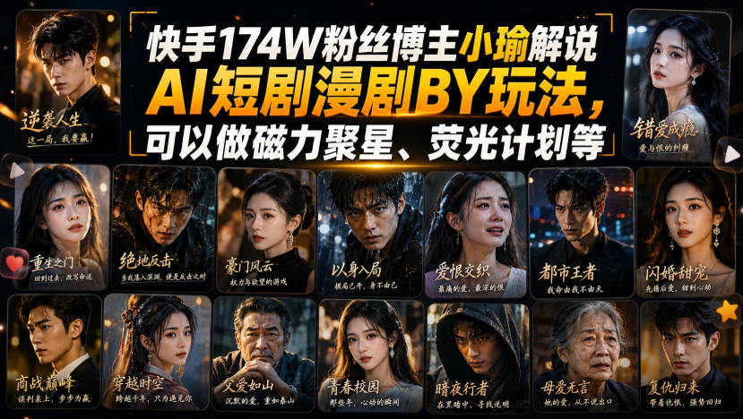 快手174W粉丝博主小瑜解说AI短剧漫剧搬运玩法，可以做磁力聚星、荧光计划等