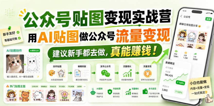 公众号贴图变现实战营,用AI贴图做公众号流量变现,建议新手都去做,真能賺钱!