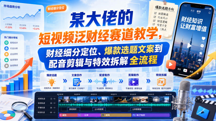 某大佬的短视频泛财经赛道教学,财经细分定位、爆款选题文案到配音剪辑与特效拆解全流程