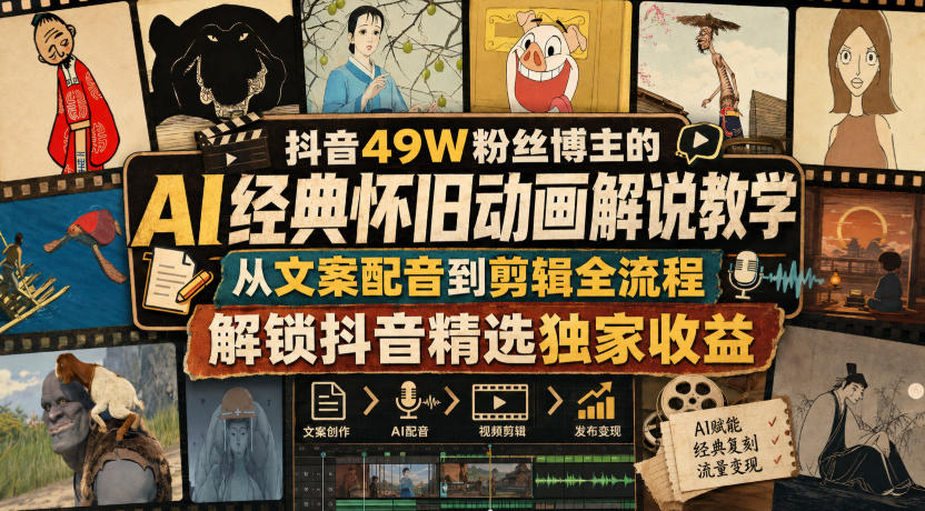 抖音49W粉丝博主的AI经典怀旧动画解说教学,从文案配音到剪辑全流程,解锁抖音精选独家收益
