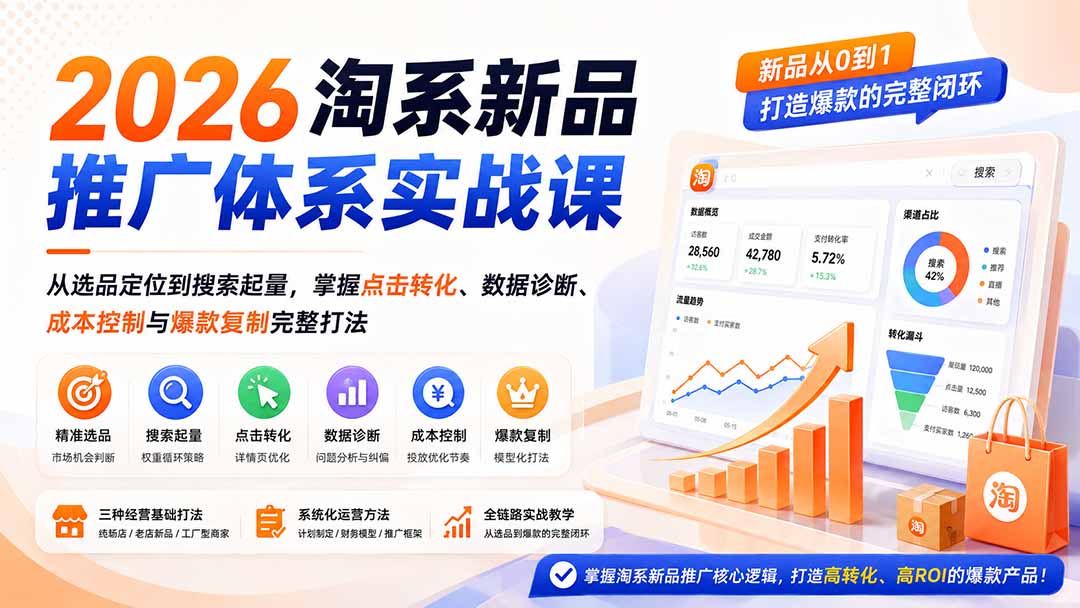（19908期）2026淘系新品推广体系实战课：从选品定位到搜索起量，掌握点击转化、数据诊断、成本控制与爆款复制完整打法