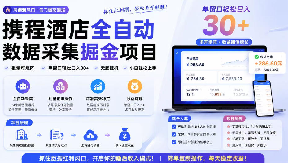 携程酒店采集挂G项目，批量可矩阵，单机轻松日入300+，开启你的睡后收入模式!