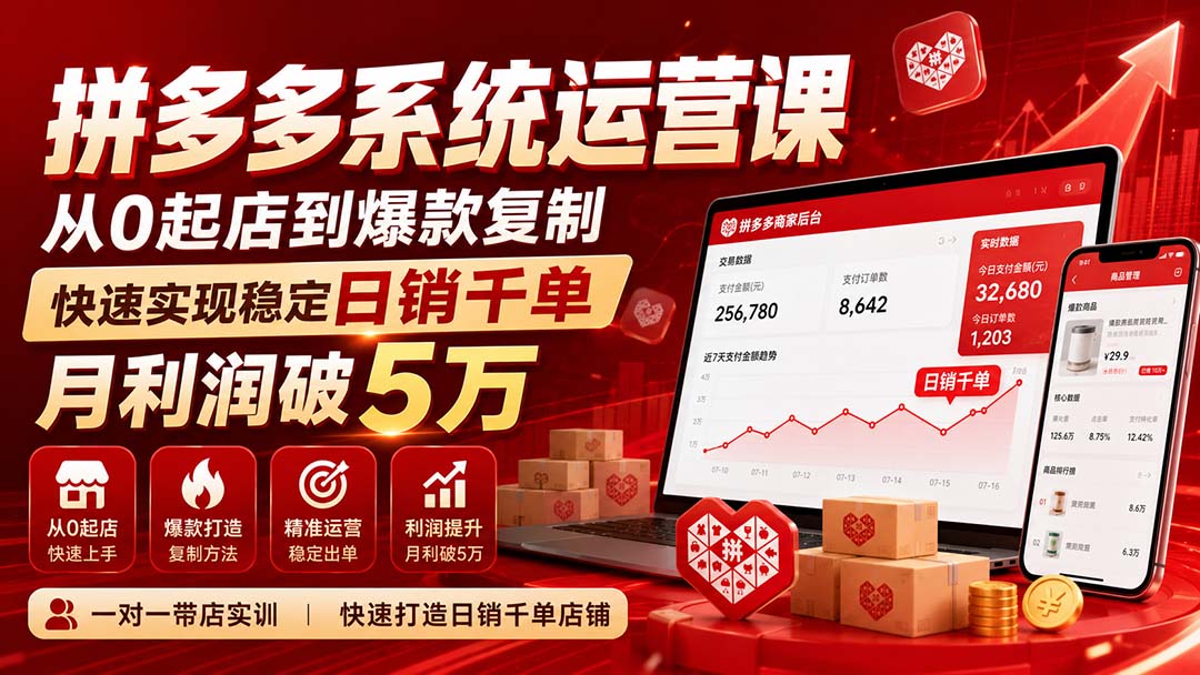（20124期）拼多多系统运营课(更新8月)，从0起店到爆款复制，快速实现稳定日销千单，月利润破5万