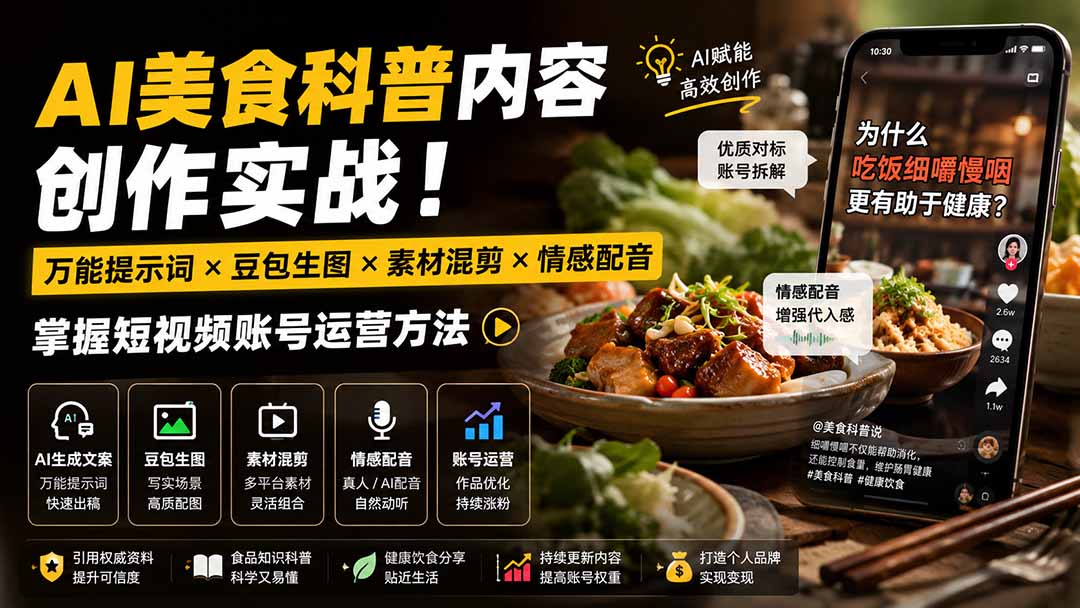 （19730期）外面卖199元-AI美食科普内容创作实战！万能提示词×豆包生图×素材混剪×情感配音，掌握短视频账号运营方法