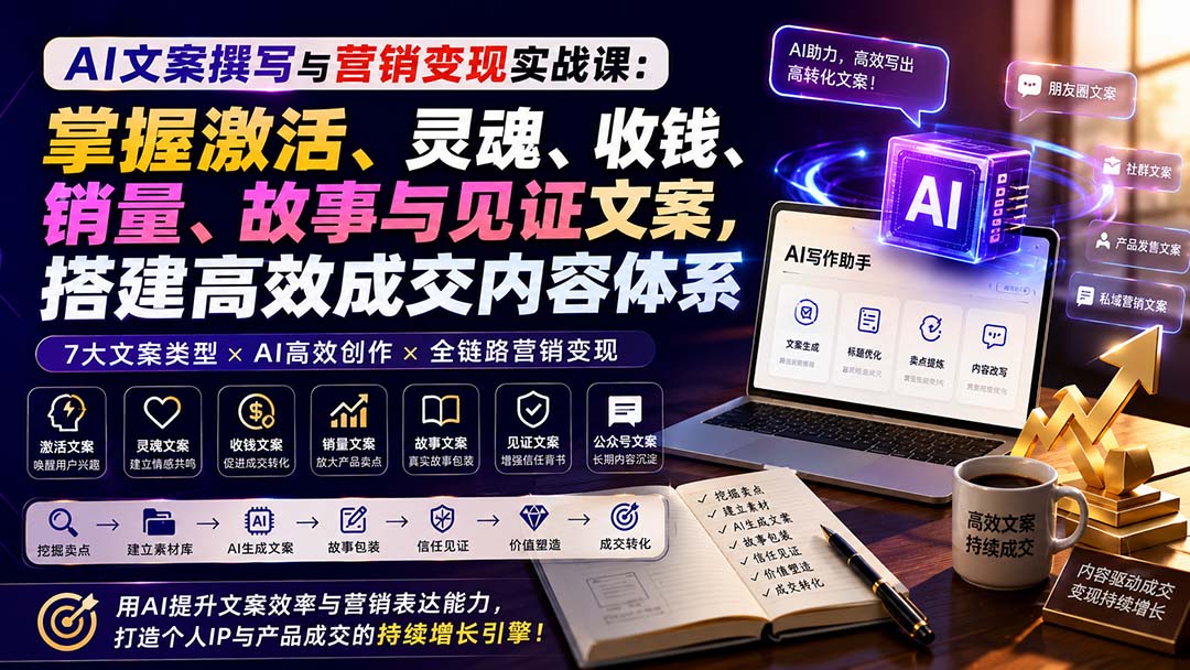 (20126期)AI文案撰写与营销变现实战课:掌握激活、灵魂、收钱、销量、故事与见证文案,搭建高效成交内容体系