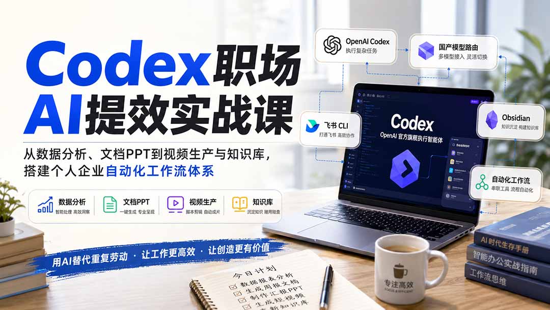 （20057期）Codex职场AI提效实战课：从数据分析、文档PPT到视频生产与知识库，搭建个人企业自动化工作流体系
