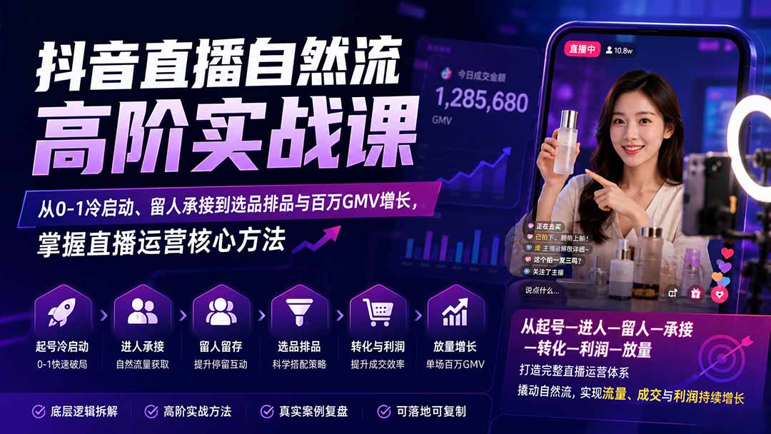 （20058期）抖音直播自然流高阶实战课：从0-1冷启动、留人承接到选品排品与百万GMV增长，掌握直播运营核心方法