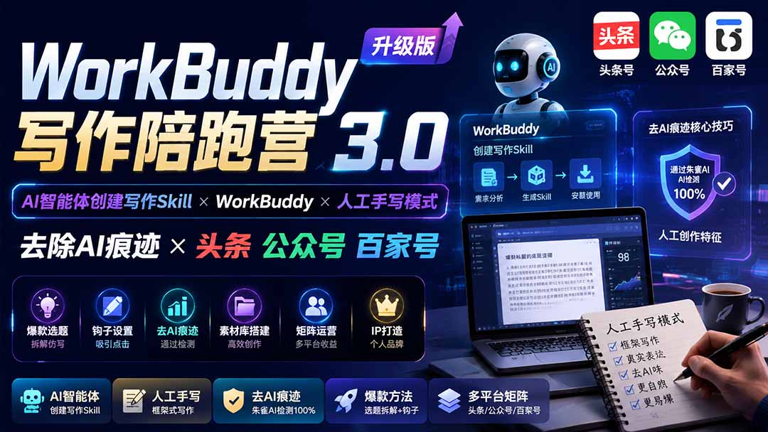 （19920期）WorkBuddy写作陪跑营3.0-更新：Ai智能体创建写作Skill×WorkBuddy×人工手写模式×去除AI痕迹×头条公众号百家号