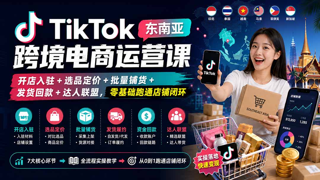 （20059期）TikTok东南亚跨境电商运营课：开店入驻+选品定价+批量铺货+发货回款+达人联盟，零基础跑通店铺闭环