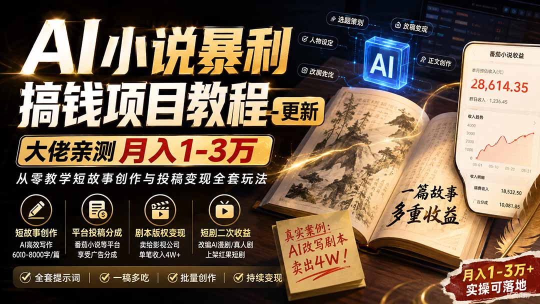 （20044期）AI小说暴利搞钱项目教程-更新，大佬亲测月入1-3万，从零教学短故事创作与投稿变现全套玩法