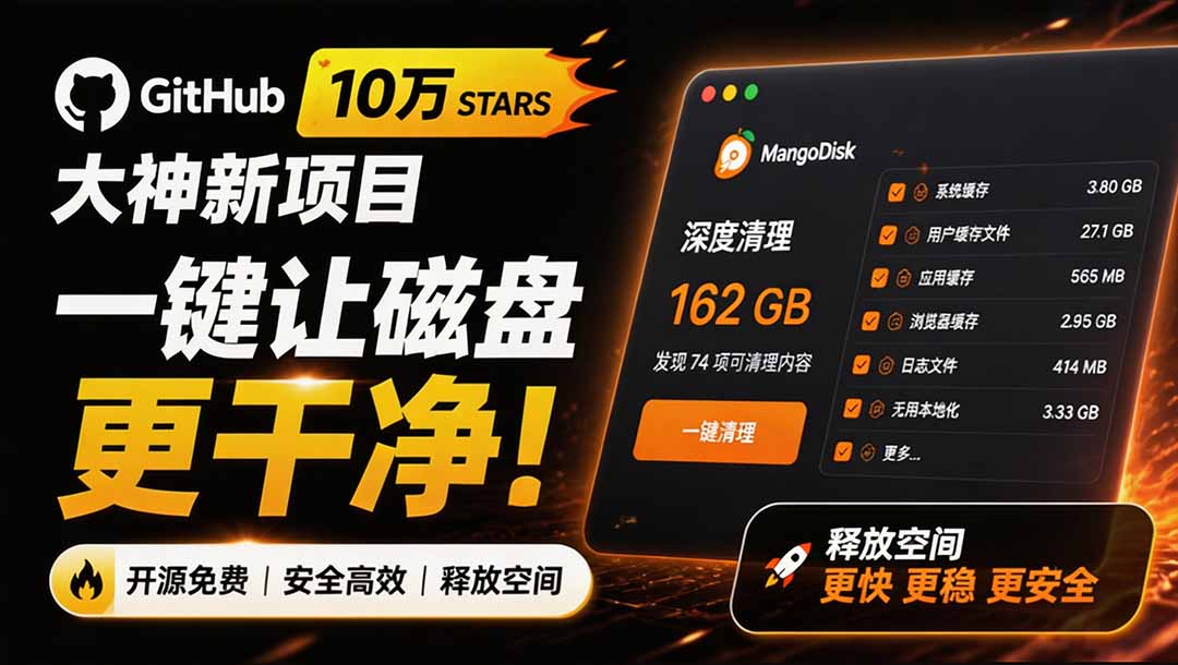 （19894期）在Gtihub上做出10万 stars 的大神，又发布新项目了！一键让磁盘更干净，开源免费清理工具 MangoDisk
