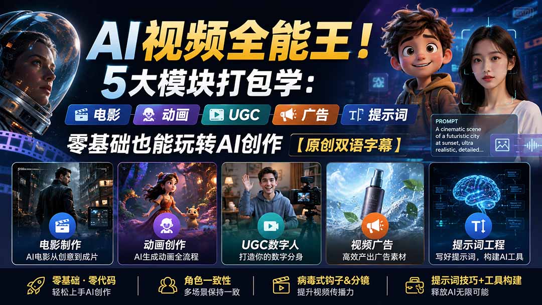 （20048期）AI视频全能王！5大模块打包学：电影、动画、UGC、广告、提示词，零基础也能玩转AI创作【原创双语字幕】
