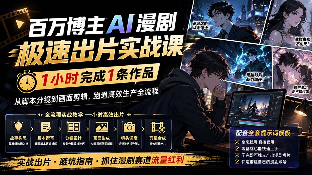 （20173期）百万博主AI漫剧极速出片实战课：1小时产出条作品，从脚本分镜到画面剪辑，跑通高效生产全流程