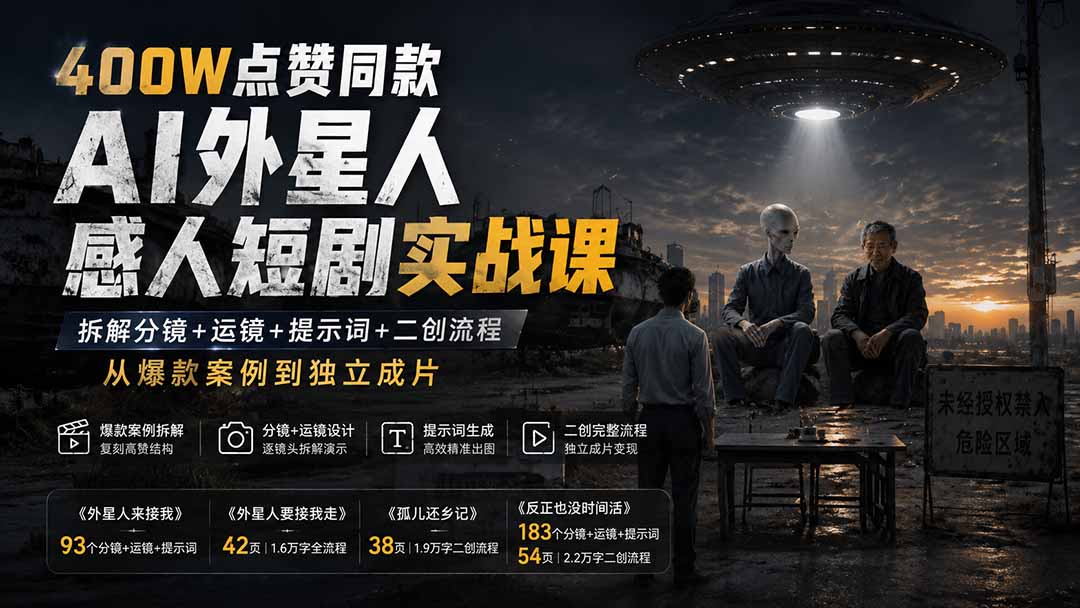 （20052期）400W点赞同款AI外星人感人短剧实战课：拆解分镜+运镜+提示词+二创流程，从爆款案例到独立成片