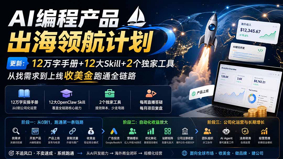 (20099期)AI编程产品出海领航计划-更新:12万字手册+12大Skill+2个独家工具,从找需求到上线收美金跑通全链路