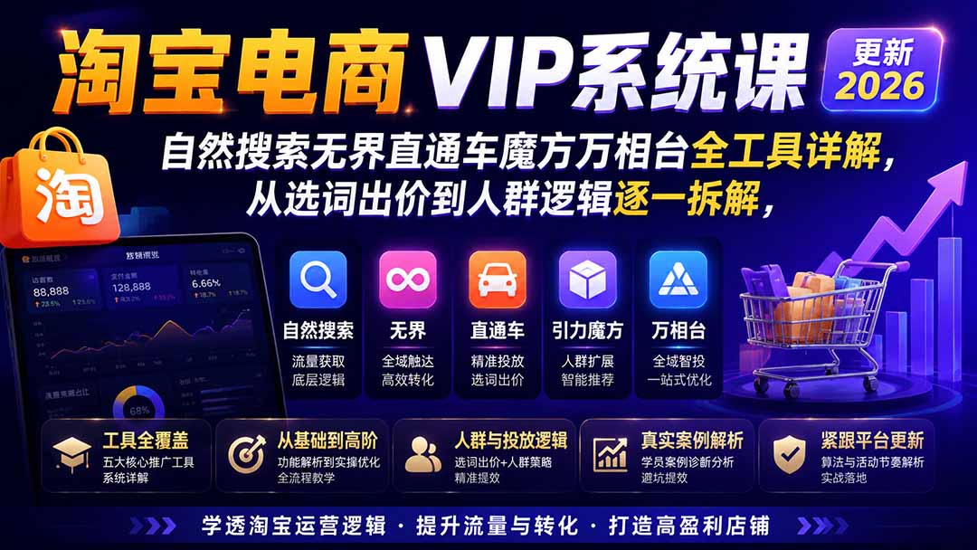 （20035期）淘宝电商VIP系统课-更新8月；自然搜索无界直通车魔方万相台全工具详解，从选词出价到人群逻辑逐一拆解