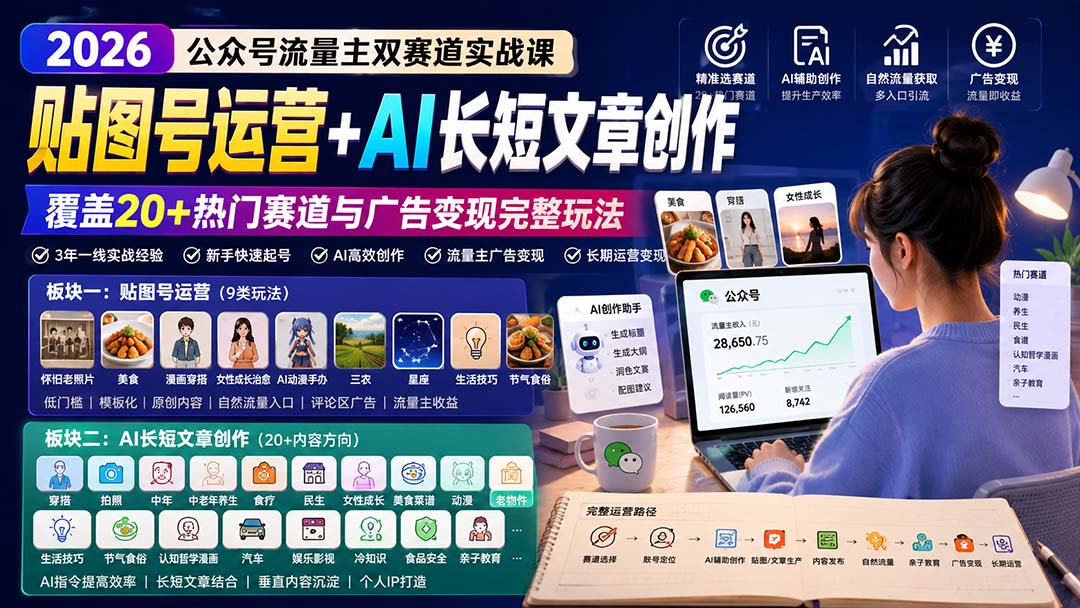 （20153期）公众号流量主双赛道实战课：贴图号运营+AI长短文章创作，覆盖20+热门赛道与广告变现完整玩法