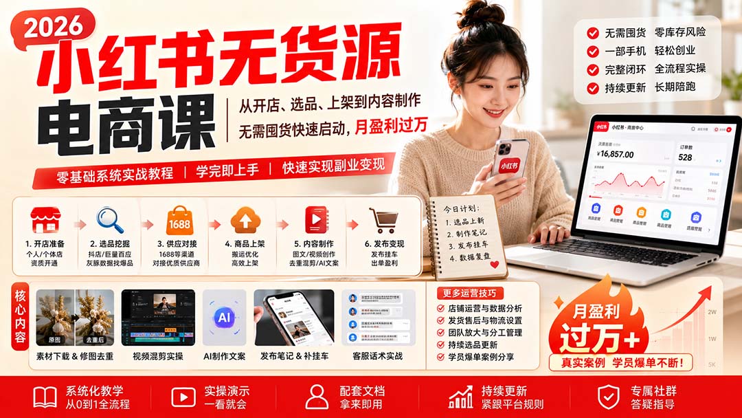 （20154期）小红书无货源电商课(8月30更新)：从开店、选品、上架到内容制作，无需囤货快速启动，月盈利过万