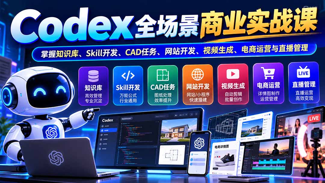（20712期）【无水印】Codex全场景商业实战课：掌握知识库、Skill开发、CAD任务、网站开发、视频生成、电商运营与直播管理