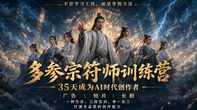 多参宗符师训练营，35天成为AI时代创作者，广告|短片|长剧，一种方法，三段实训，举一反三，打通全品类的创作能力