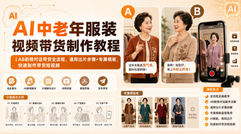 AI中老年服装视频带货制作教程｜AB剧情对话带货全流程，通用出片步骤+专属模板，快速制作带货短视频