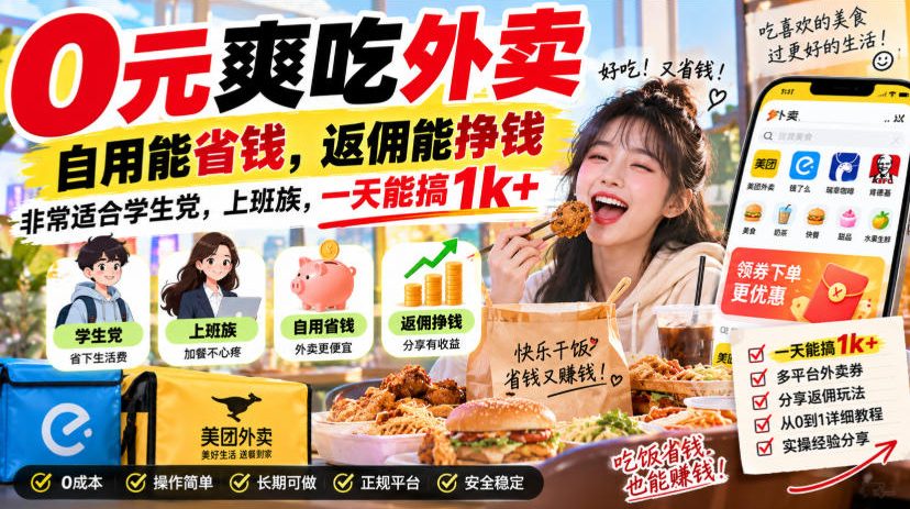 0元爽吃外卖，自用能省钱，返佣能挣钱，非常适合学生党，上班族，一天能搞1k+