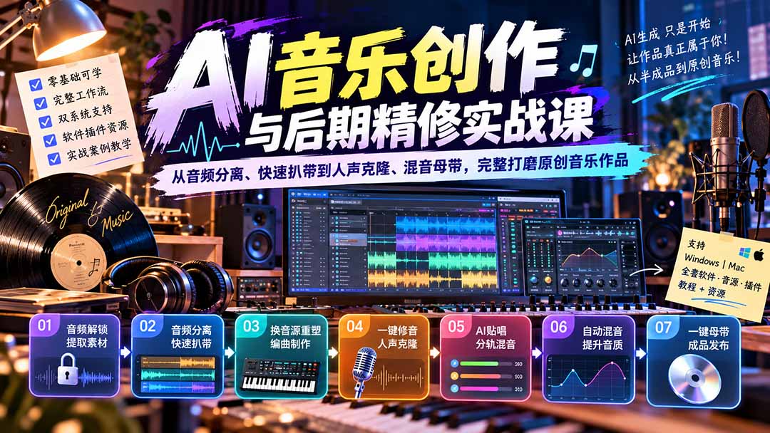 （20652期）AI音乐创作与后期精修实战课：从音频分离、快速扒带到人声克隆、混音母带，完整打磨原创音乐作品