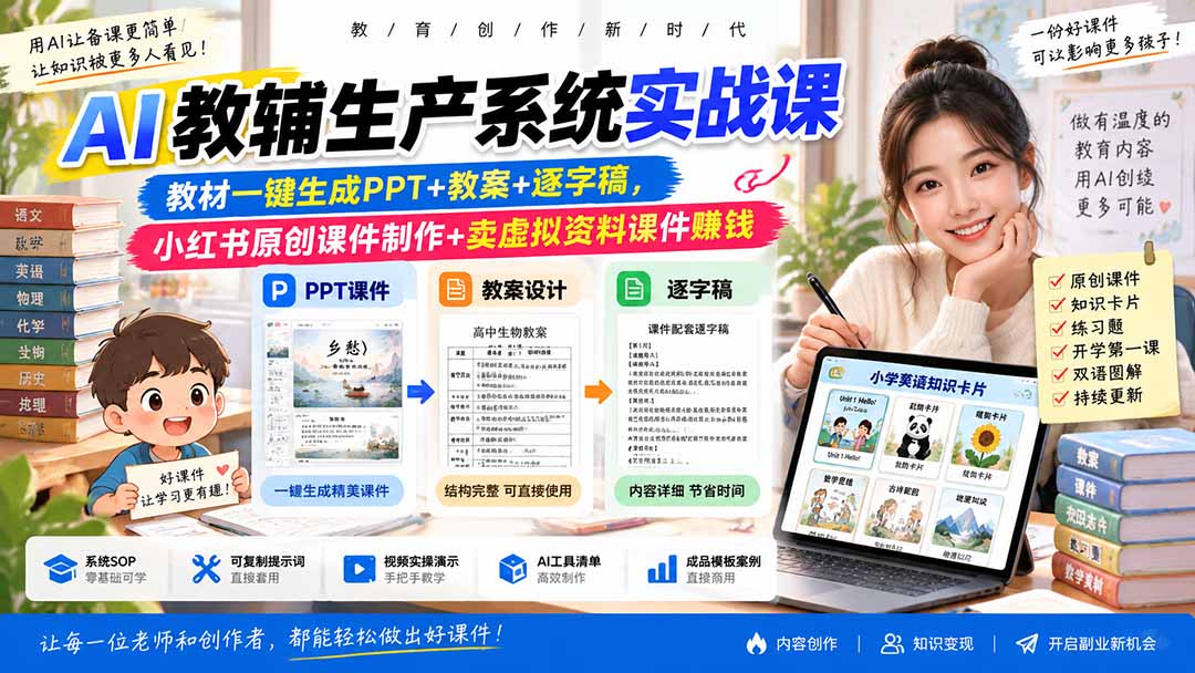（20583期）AI教辅生产系统实战课-更新0922｜教材一键生成PPT+教案+逐字稿，小红书原创课件制作+卖虚拟资料课件赚钱
